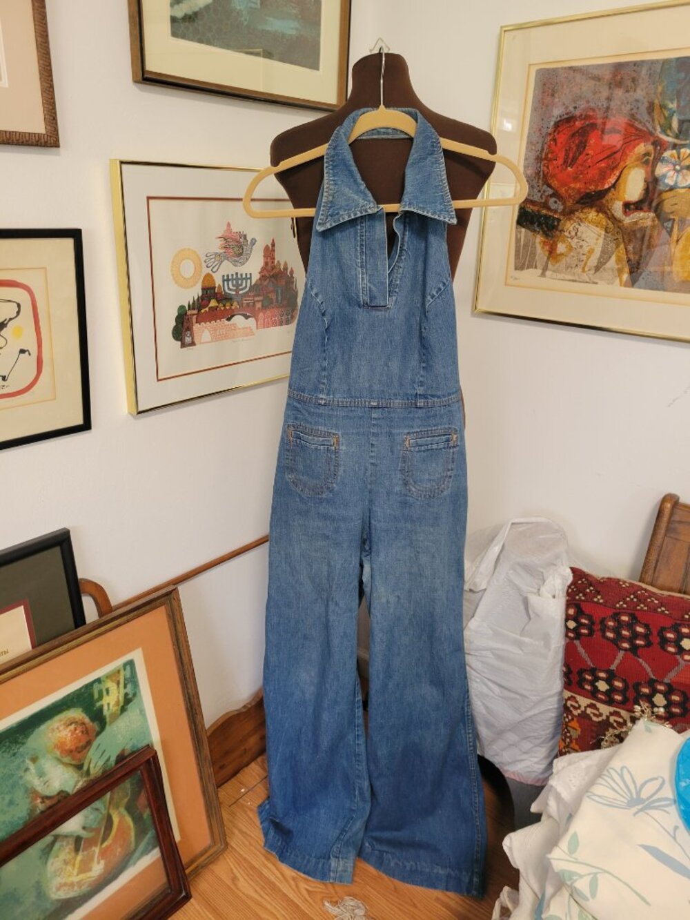 Rare land Lubber 1970's Halter Top Denim Wide Leg Overalls Size M? - Picture 2 of 7